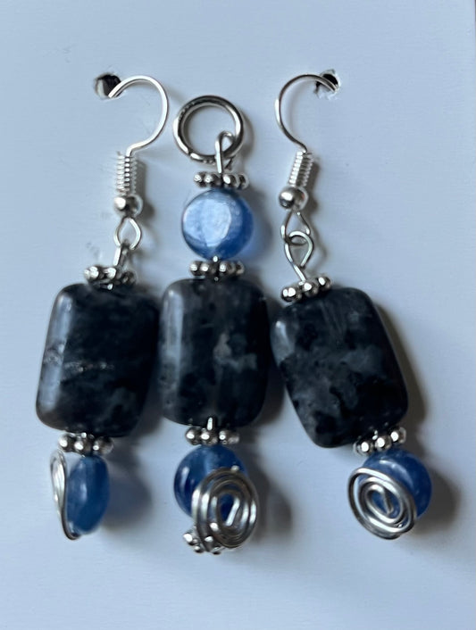 Blue Kyanite & Larvikite Pendant & Earrings set